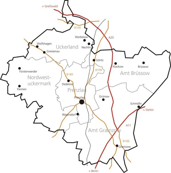 Bild vergr&ouml;&szlig;ern: Stadt Prenzlau mit Umland Verkehrswege